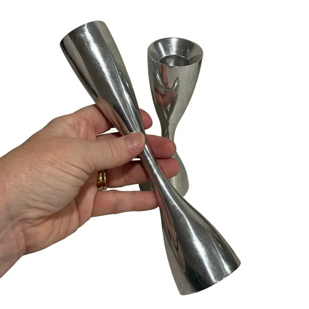 Vintage 1990's Nambe candleholders set of 2 tall & short shapely silver metal